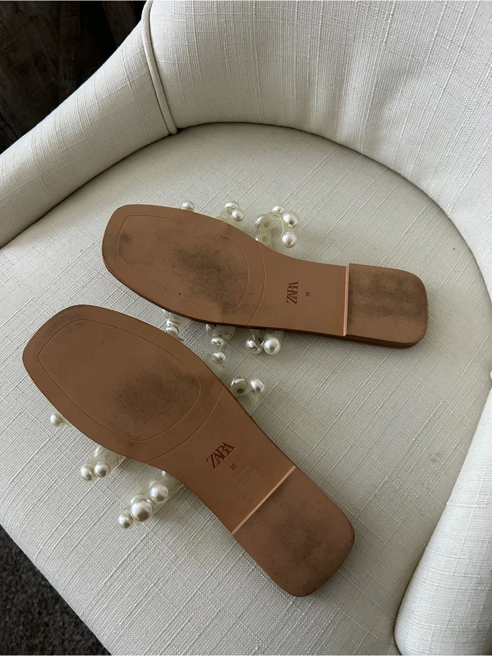 ZARA Tan Slide Sandals with Pearl-Strap Detail - Picture 4 of 5